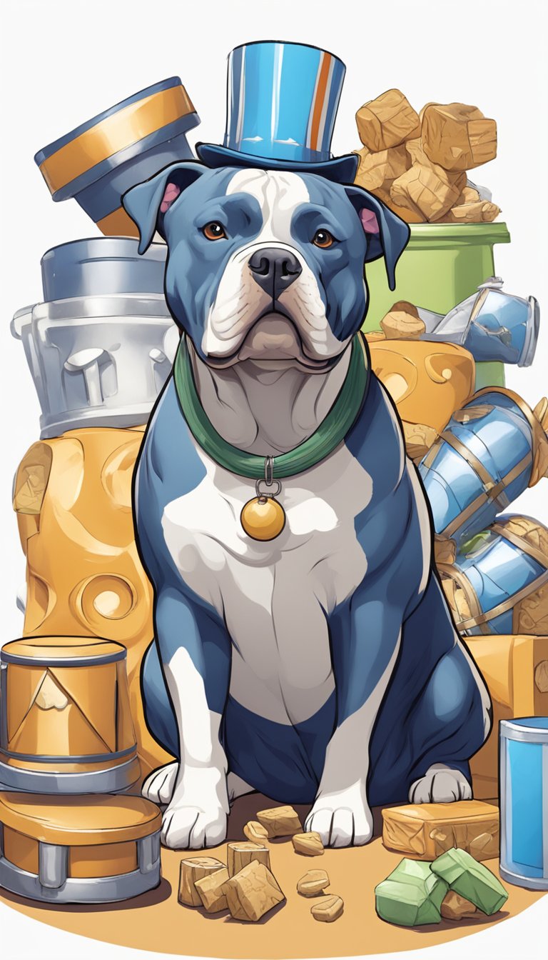 An American Bully sits in front of various props, performing tricks like sitting, rolling over, and fetching. A trainer rewards the dog with treats for each successful trick