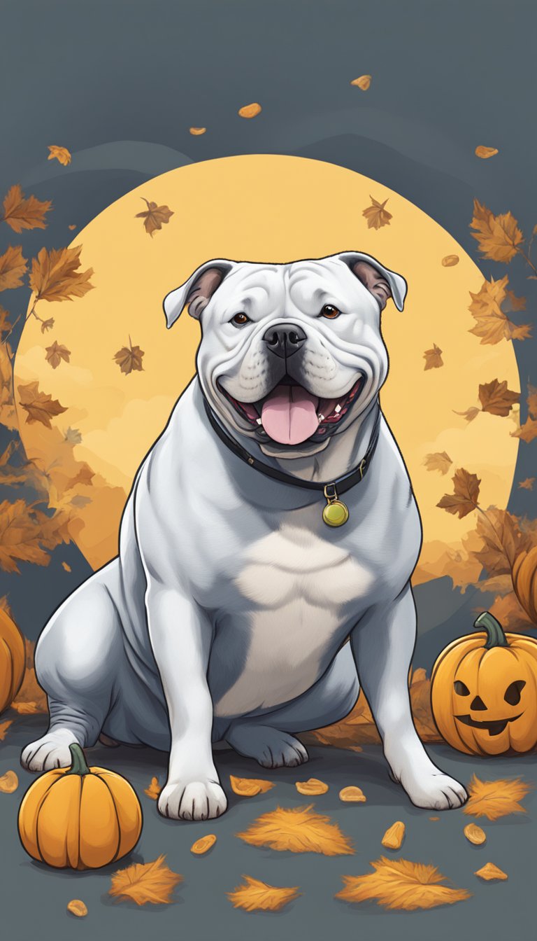 An American Bully eagerly performs tricks for treats, tail wagging and ears perked. A variety of treats are scattered on the ground, with the Bully sitting or standing in anticipation