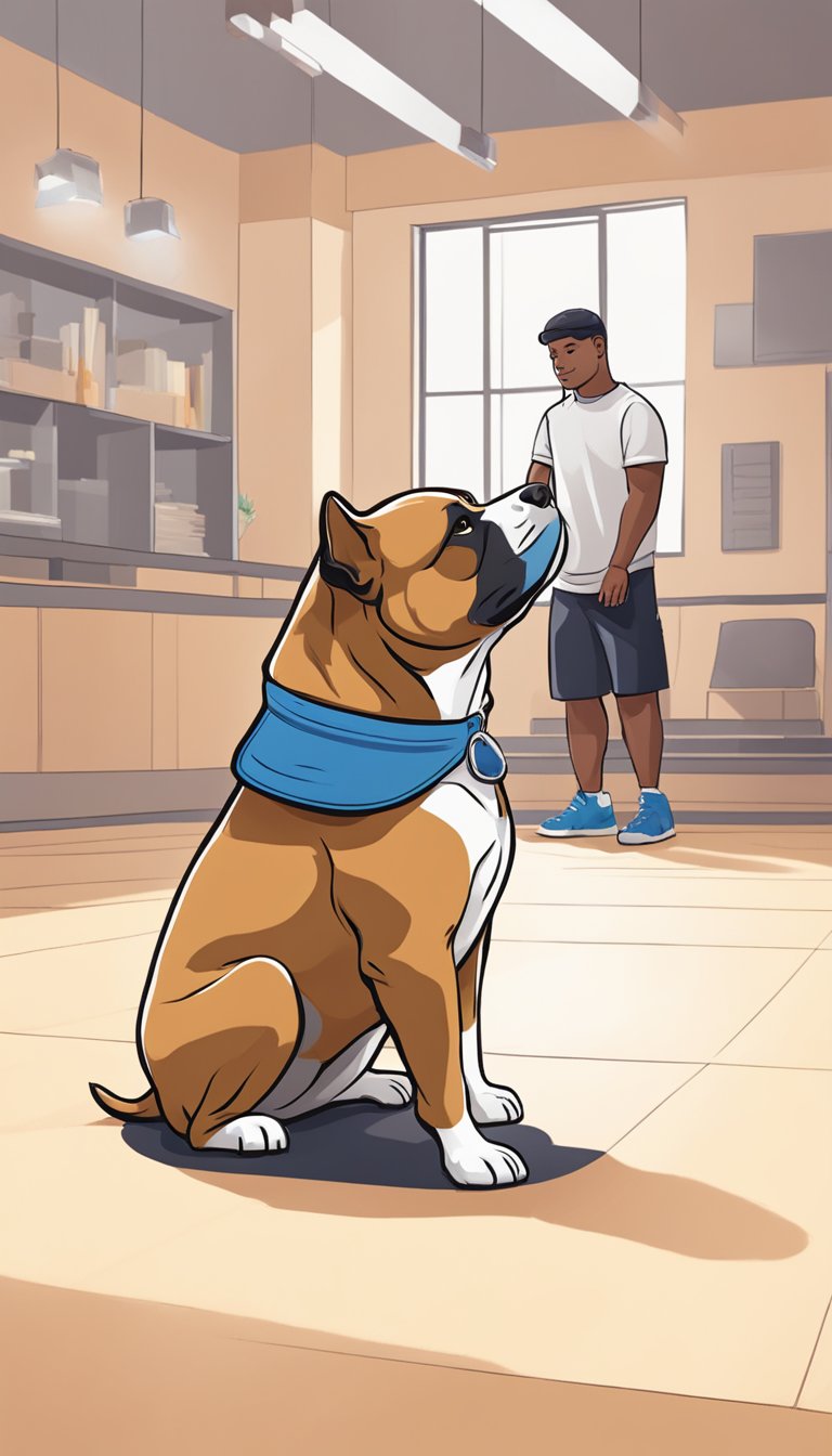 An American Bully sits attentively as its owner teaches it basic commands, using positive reinforcement and treats. The dog eagerly learns new tricks in a spacious, well-lit training area