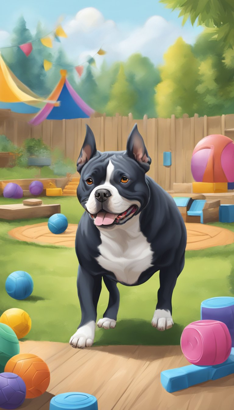 An American Bully playing with toys and learning new tricks in a backyard setting, with various obstacles and games set up for training