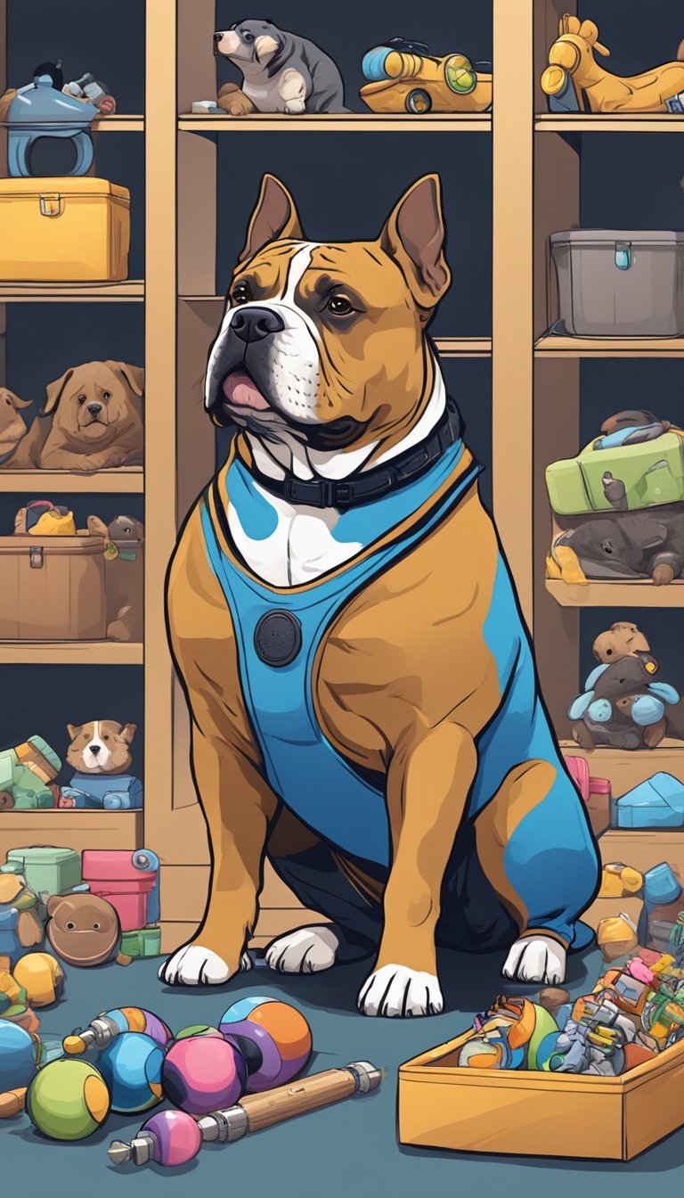 An American Bully sits attentively, surrounded by various toys and treats. A trainer stands nearby, using positive reinforcement to teach new tricks