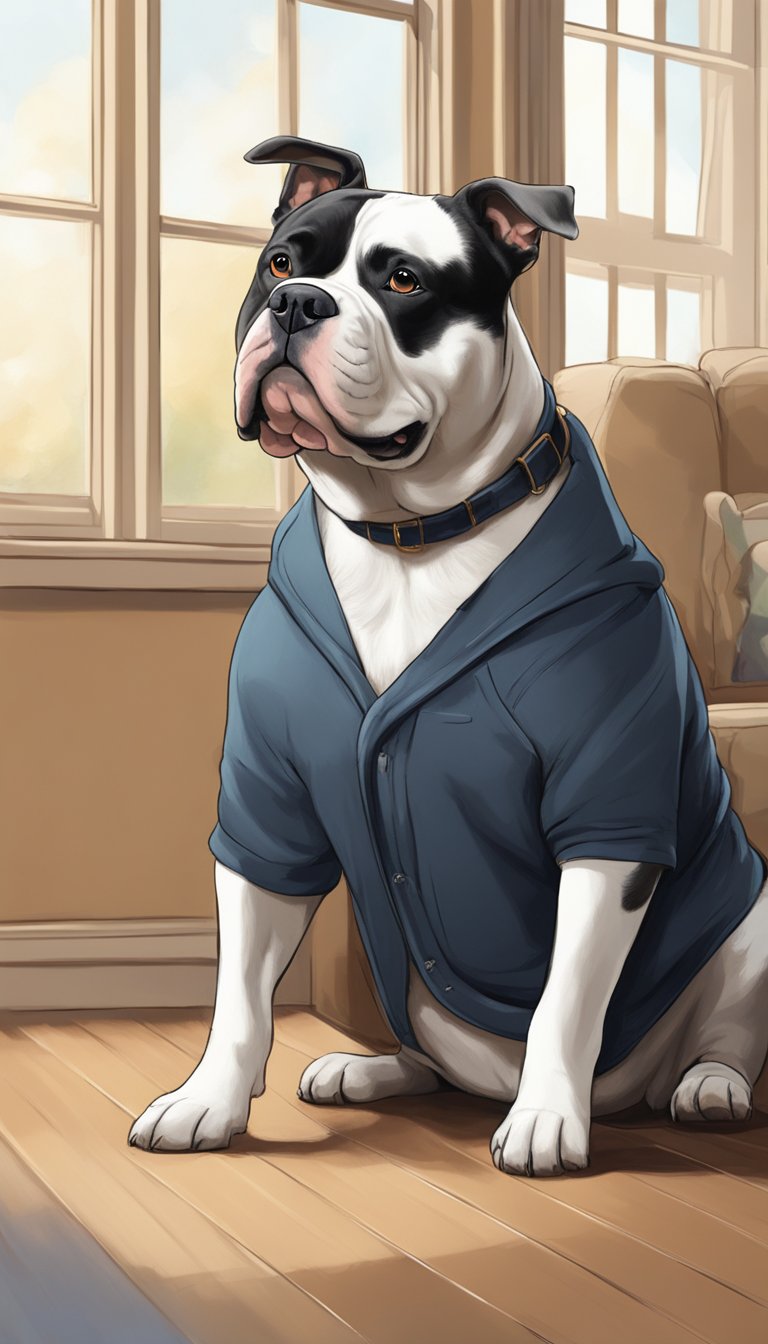 An American Bully sits, eager and attentive, as its owner teaches it a new trick. The dog's tail wags with excitement as it learns in a spacious, well-lit room