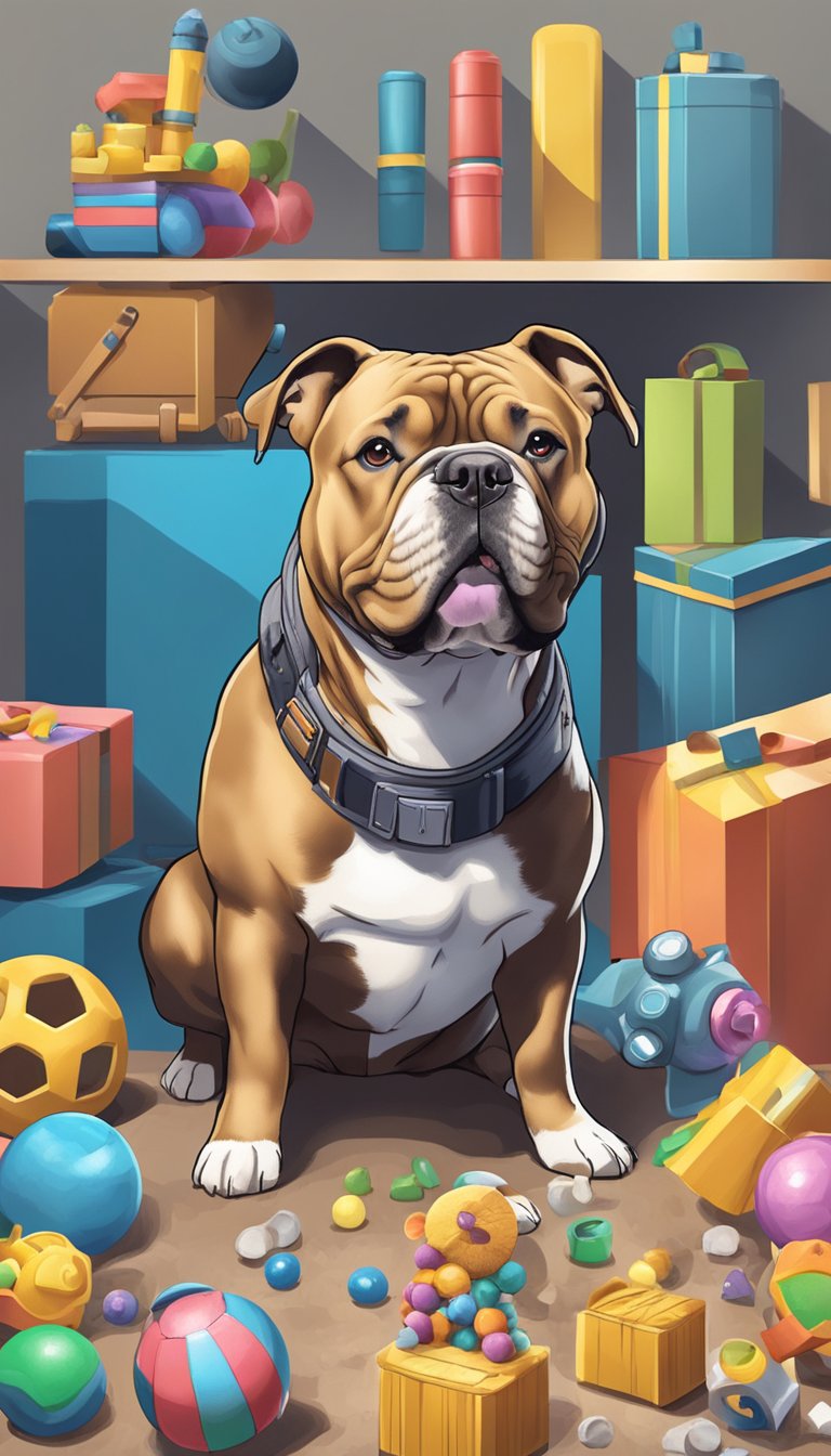 An American Bully surrounded by various toys and treats, engaging in training exercises with its owner
