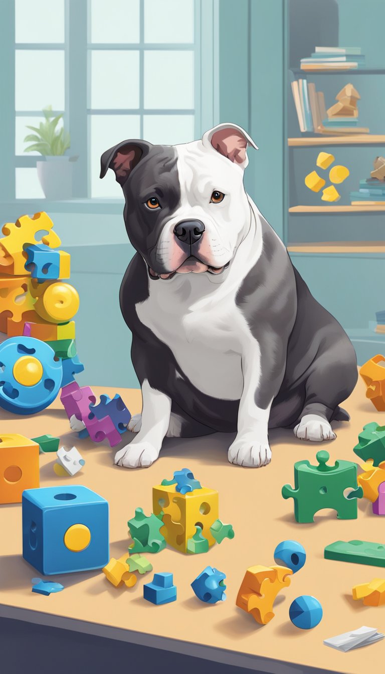 American Bully engages with puzzle toys in 11 different ways, showcasing intelligence and problem-solving skills