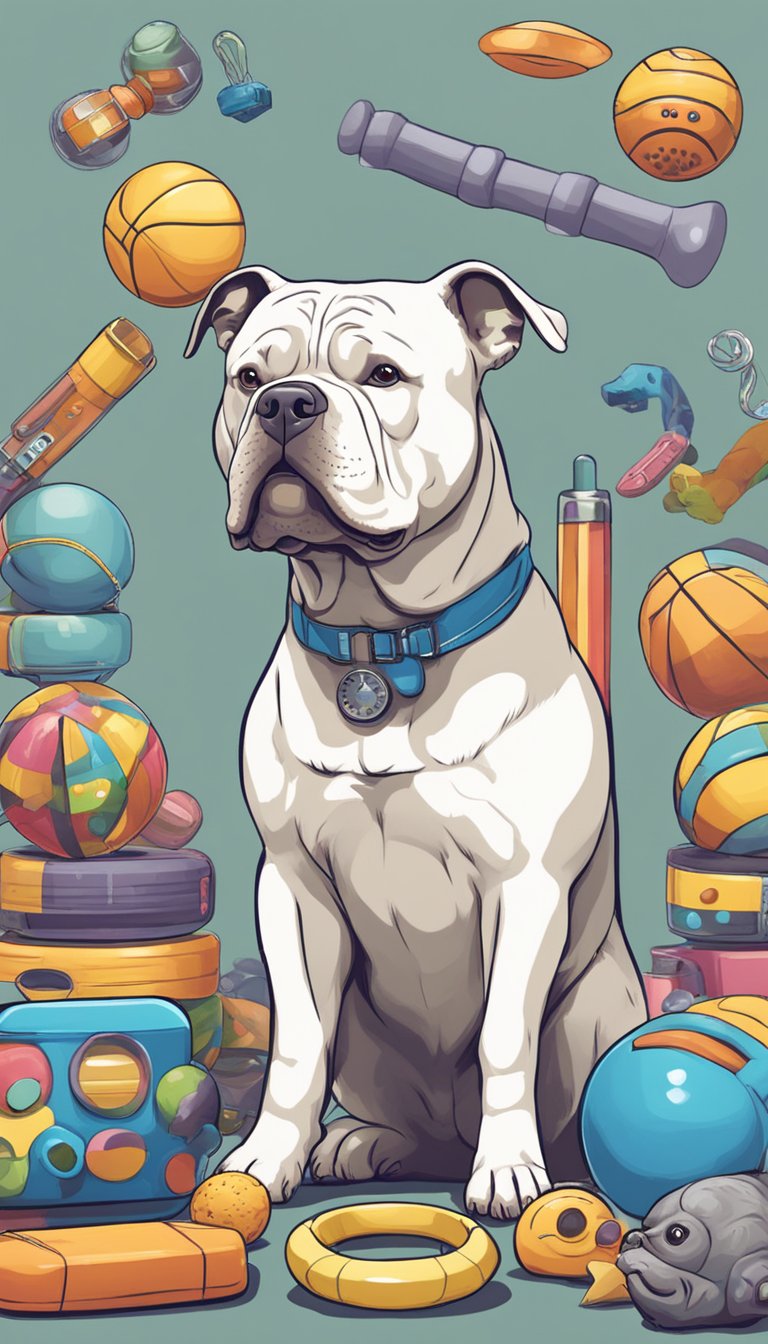 An American Bully sits attentively, surrounded by various toys and treats. Its ears perk up as it focuses on its owner, eager to learn new tricks