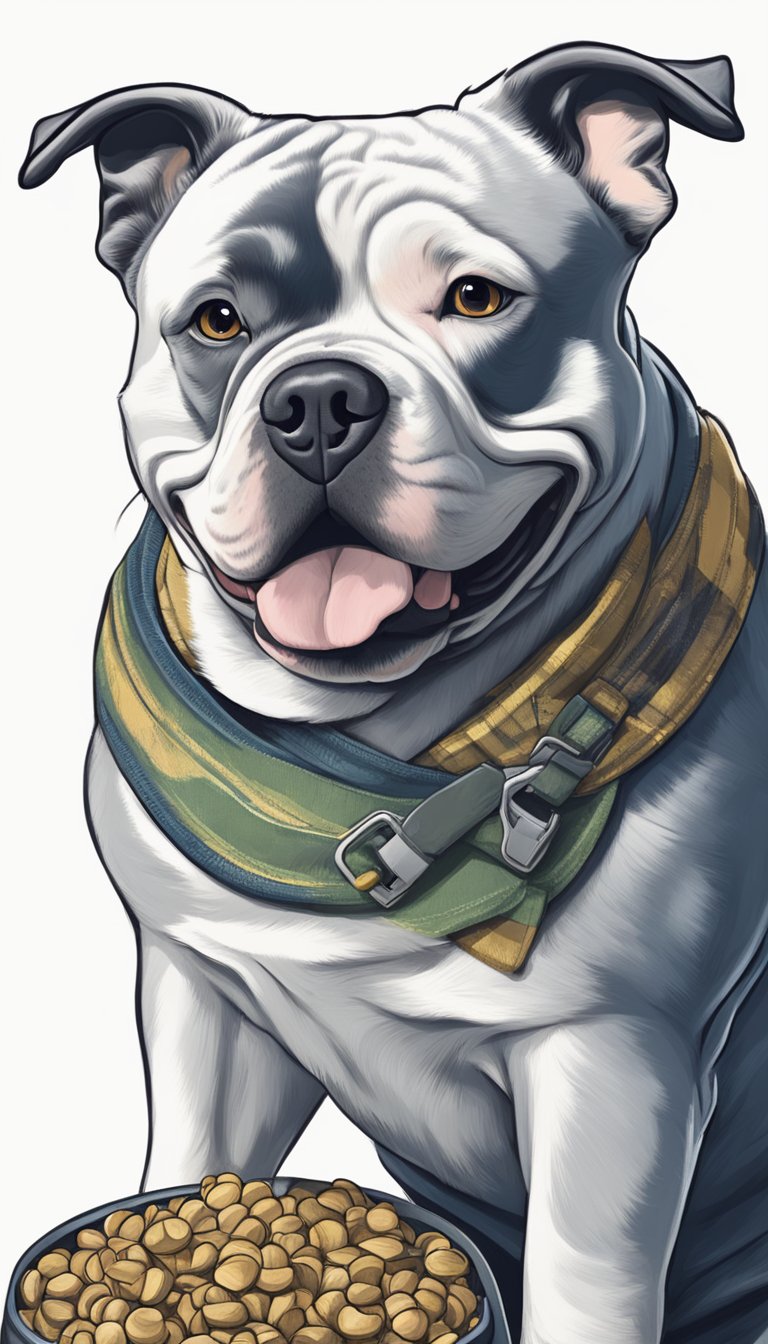 An American Bully eagerly learns new tricks, sitting attentively with a wagging tail. Treats and toys are scattered around, ready for training