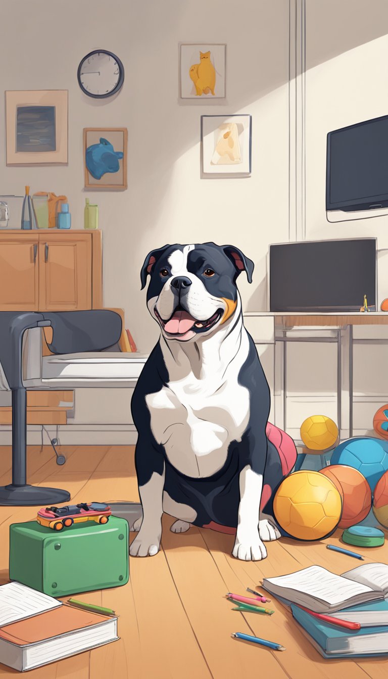 A spacious, well-lit room with various training equipment and toys scattered around. A calm, focused American Bully sits in the center, ready to learn new tricks