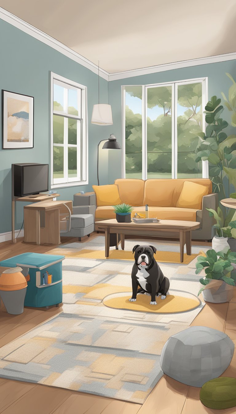 A spacious living room with durable furniture, a designated play area, and chew toys scattered around. A secure backyard with a fenced-in area for play and exercise. A cozy bed and feeding station for the American Bully
