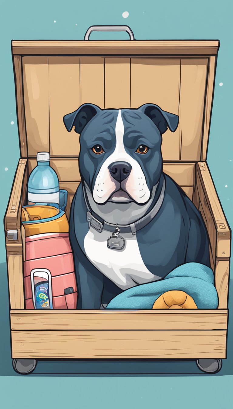 A cozy crate with a plush bed, chew toys, water bowl, and a blanket. Surrounding the crate are American Bully-friendly items like a leash, collar, and grooming supplies