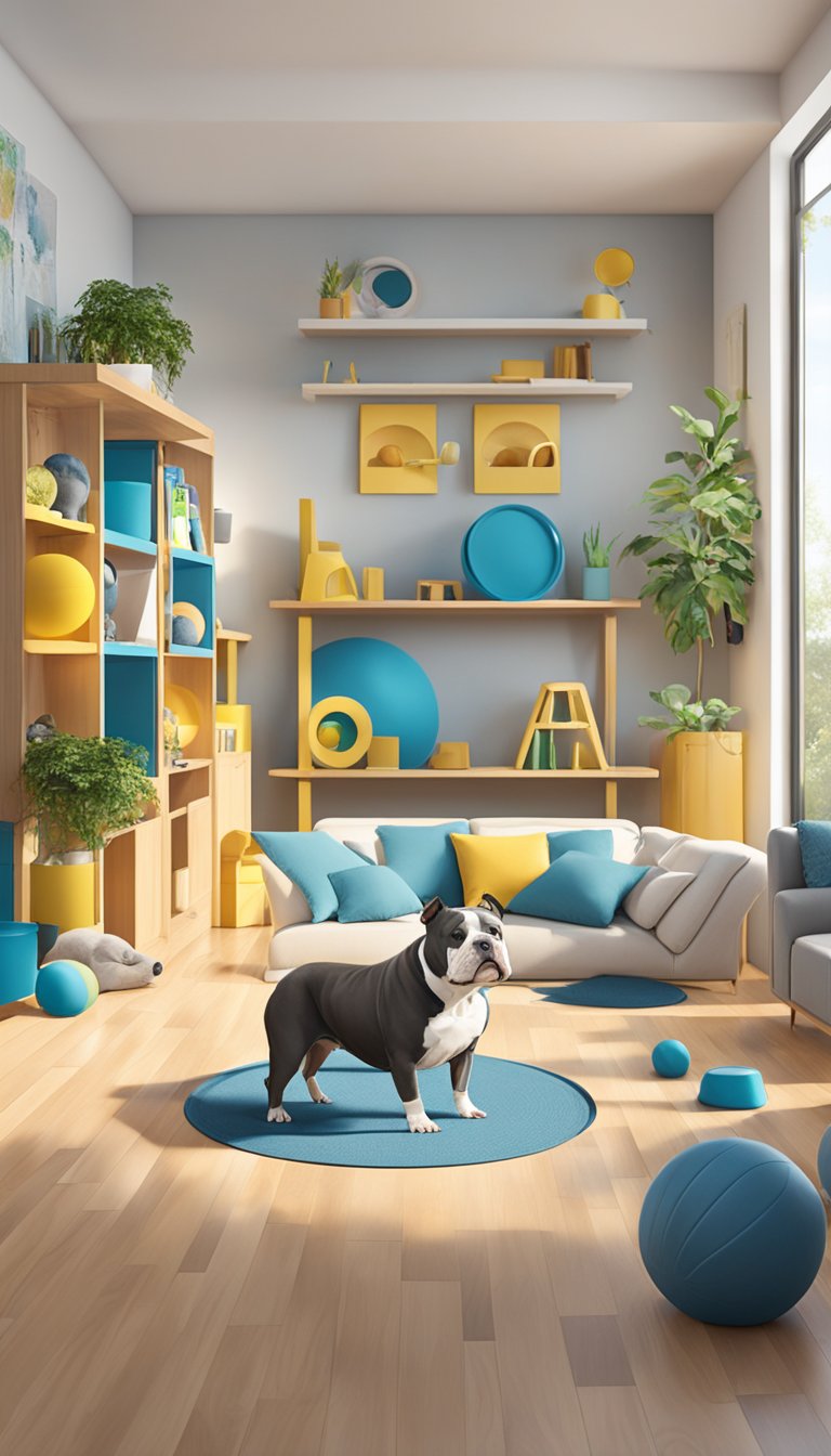 A spacious living room with designated play areas for American Bully-friendly toys, obstacle courses, and resting spots