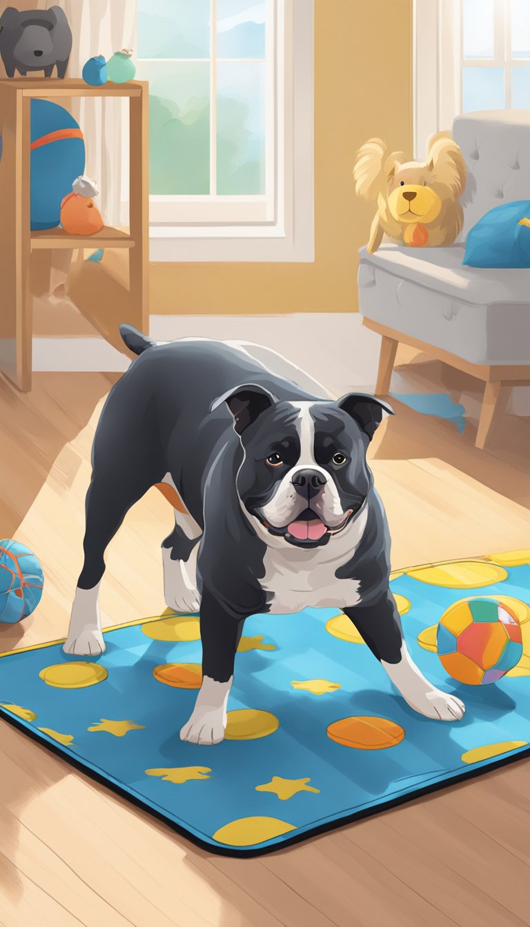 A non-slip dog mat placed in a spacious, well-lit room with American Bully-friendly toys and accessories scattered around