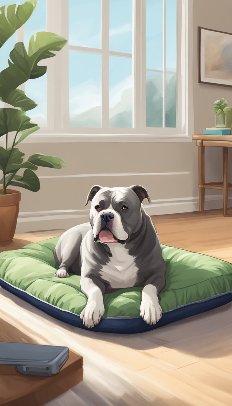 A large American Bully lounges on a cooling gel pet bed in a spacious, well-lit room with plenty of space for the dog to move around comfortably