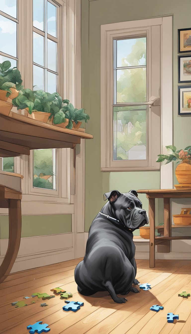 American Bully interacting with puzzle feeders in a home environment