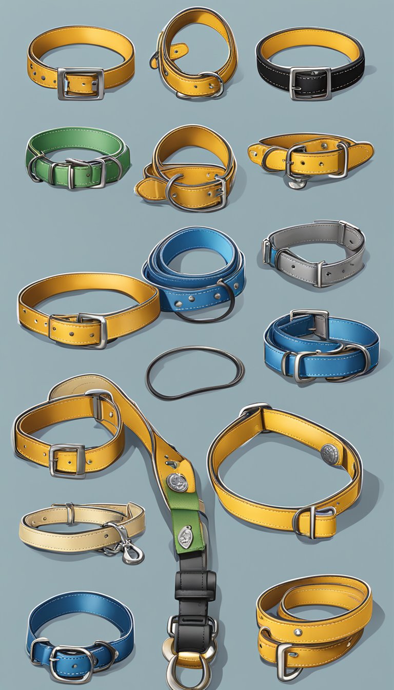 A collection of sturdy leashes and collars displayed with American Bully-friendly home items