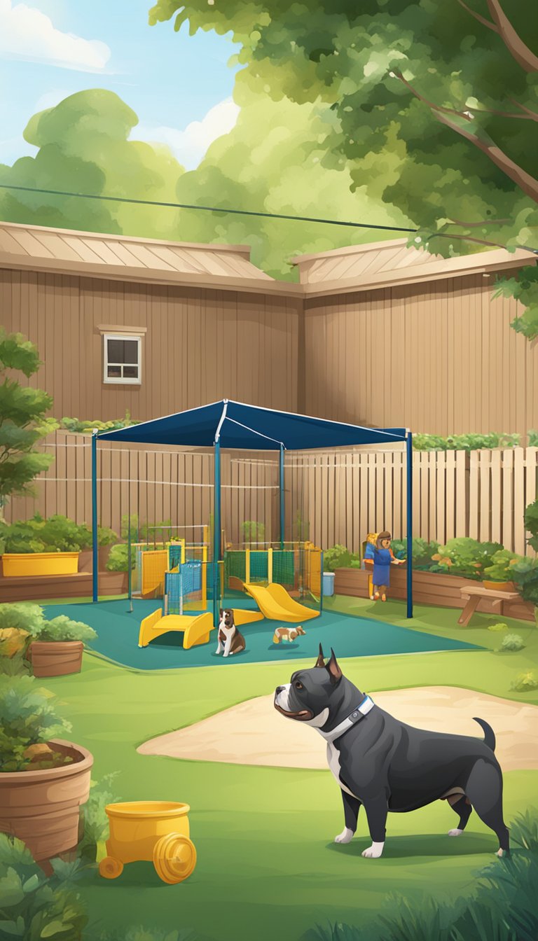 A spacious backyard with a shaded play area, equipped with toys and activities for American Bully dogs to enjoy