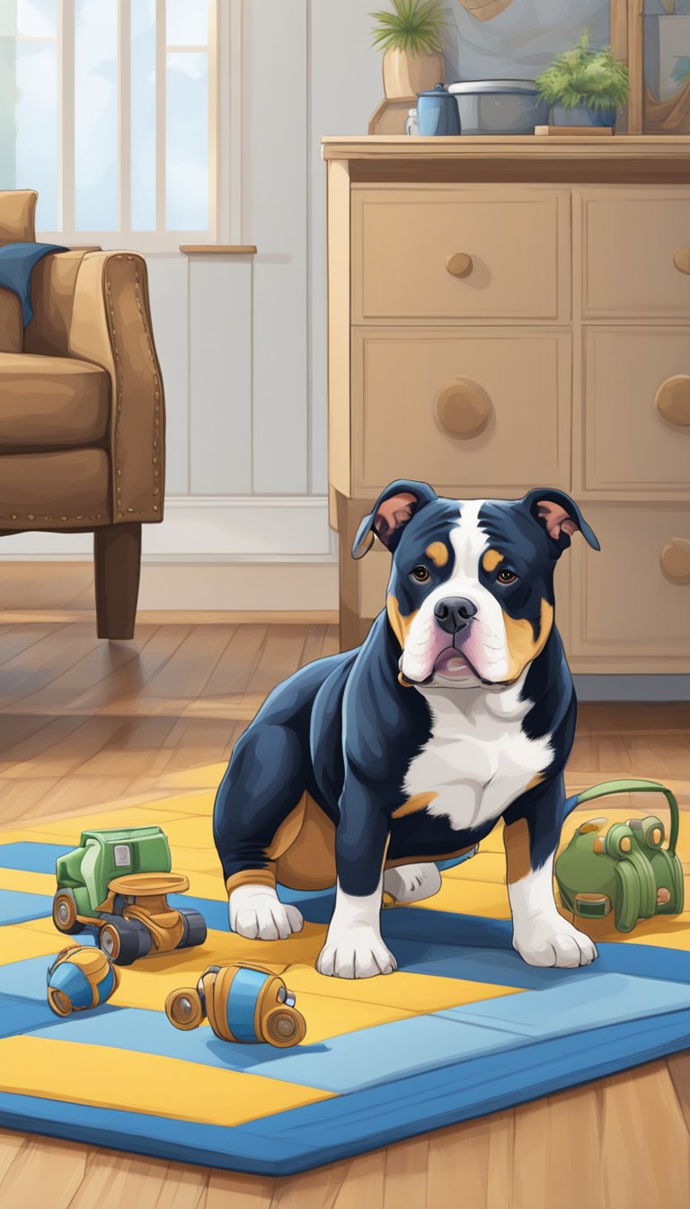 A variety of durable toys and comfortable accessories are scattered across the floor, creating an inviting and safe environment for an American Bully