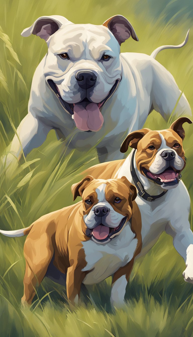 Two American Bullys playing in a grassy field, tails wagging and tongues out, showcasing their muscular build and friendly demeanor
