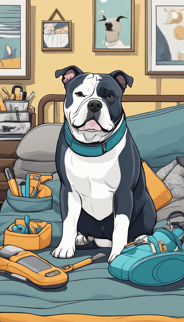 A sleek American Bully lounges on a comfortable bed, surrounded by grooming tools and toys. A content expression on its face as it enjoys a low maintenance grooming session