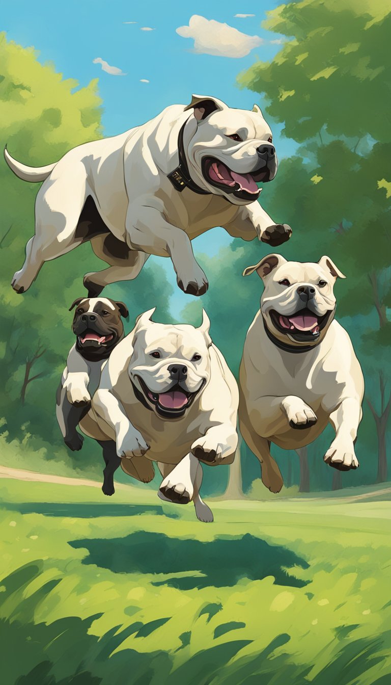 A group of American Bullys playing in a spacious, green park, surrounded by trees and a clear blue sky. They are running, jumping, and interacting with each other, displaying their muscular and powerful physique