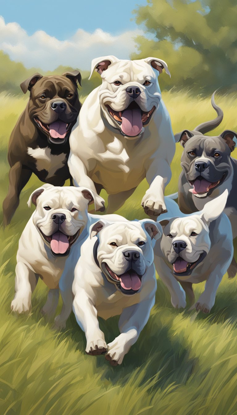 A group of American Bullys playing in a spacious, grassy field, showing off their muscular frames and confident demeanor