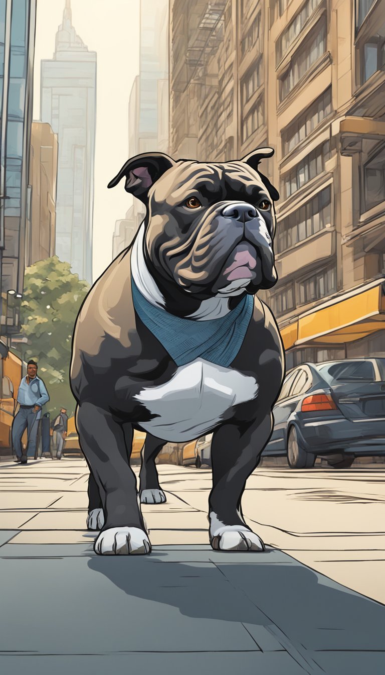 An American Bully struts confidently through a bustling city street, surrounded by skyscrapers and busy pedestrians. Its muscular build and powerful stance exude a sense of strength and adaptability to urban life