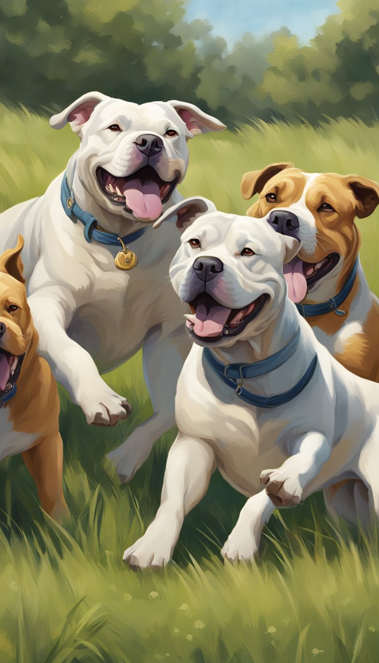 A group of American Bullys romp in a grassy field, tails wagging and tongues lolling. Their muscular bodies exude confidence and playfulness as they interact with each other, showcasing their friendly and sociable nature