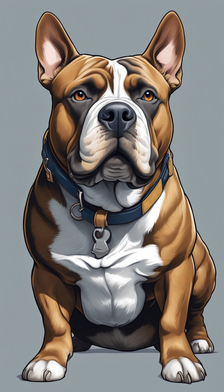 An American Bully stands confidently, showcasing its muscular build and distinctive features. Its broad head and powerful stance exude strength and confidence, while its signature wide-set eyes and strong jawline display a sense of determination and loyalty
