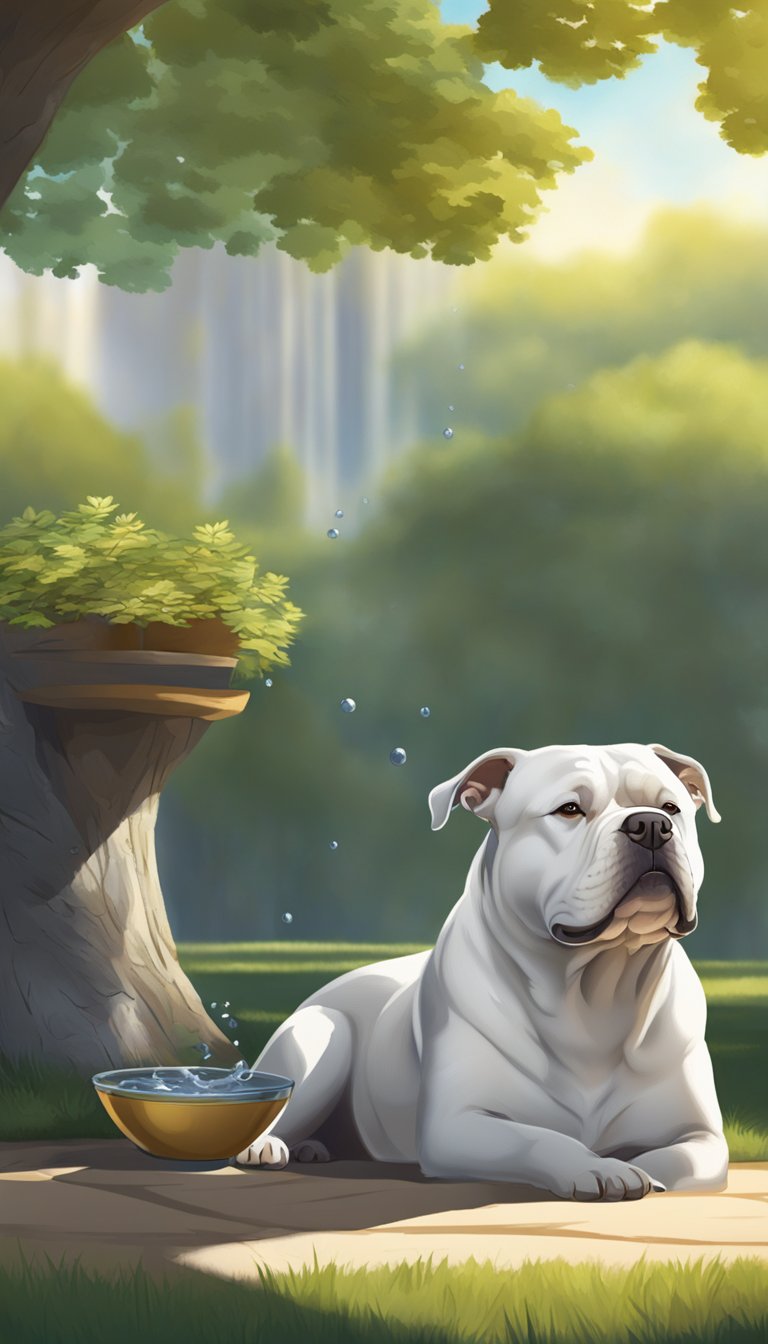 An American Bully lounges under a shaded tree with a bowl of fresh water nearby. The sun beats down as the dog remains cool and safe in the hot weather