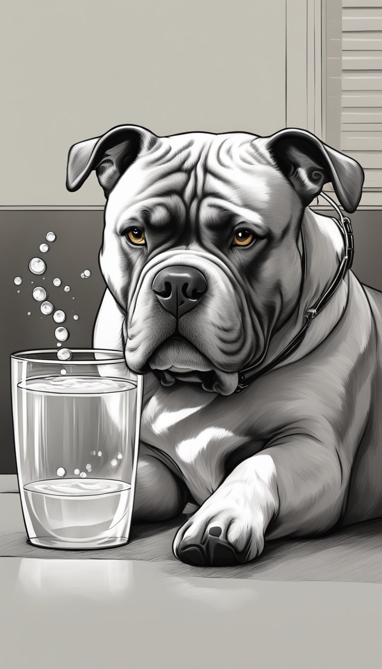 An American Bully dog drinking from a large bowl of water, with a shaded area and a fan nearby to keep cool in hot weather