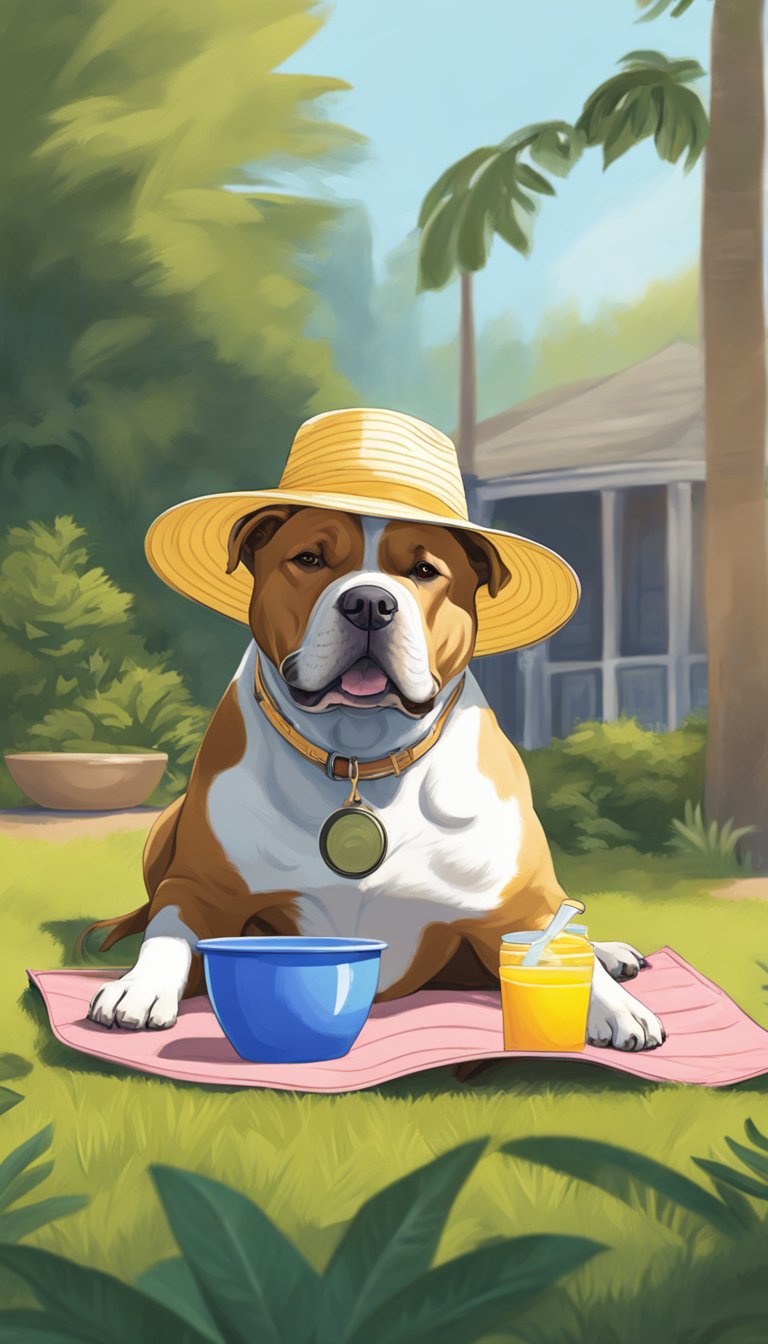 An American Bully lounges under a shady tree, wearing a sun hat and sunscreen, with a water bowl nearby. The sun is high, but the dog is safe and comfortable in the hot weather