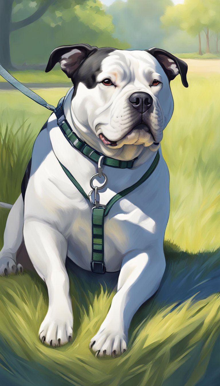 An American Bully rests in the shade with a bowl of water nearby. The sun is high, and the temperature is hot. A leash and harness lay nearby, ready for a walk when the weather cools