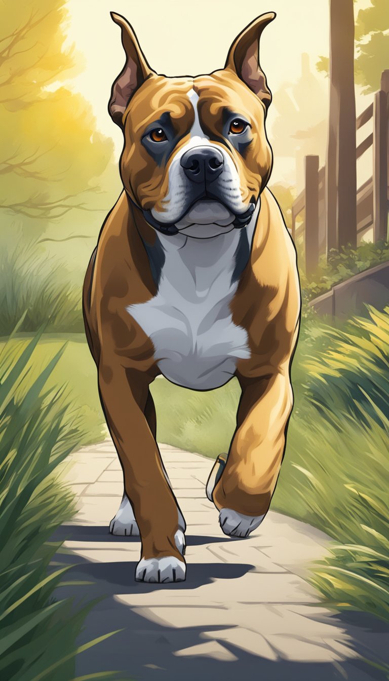 An American Bully walks on cool grass, avoiding hot pavements. Water bowl nearby. Sun shining, but shaded area available