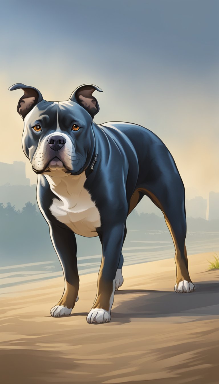 An American Bully walks in the early morning sun or late evening shade, staying safe from the hot weather