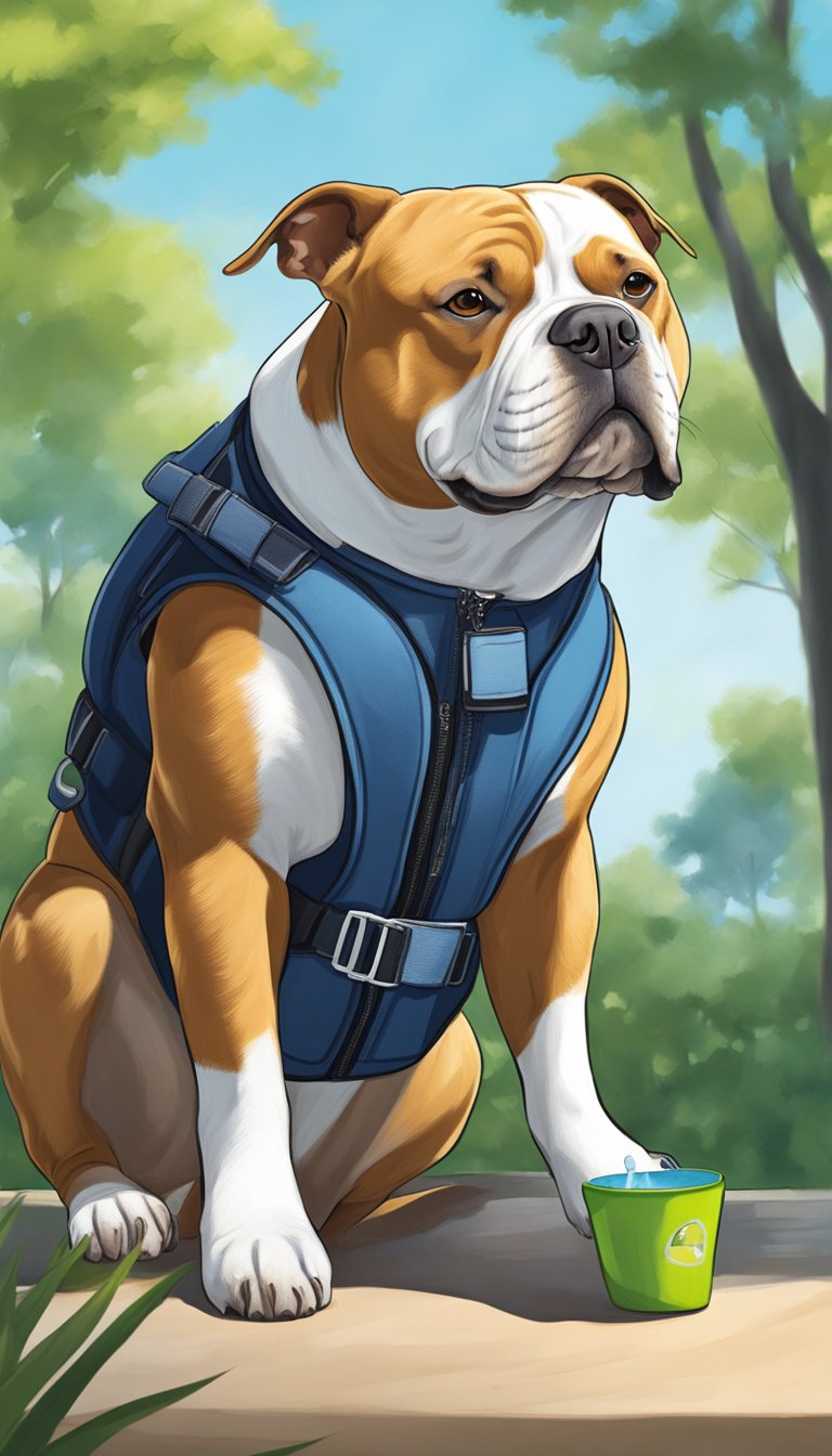 An American Bully wearing a cooling vest, resting in the shade with a water bowl nearby. Sun shining, clear blue sky. Trees in the background