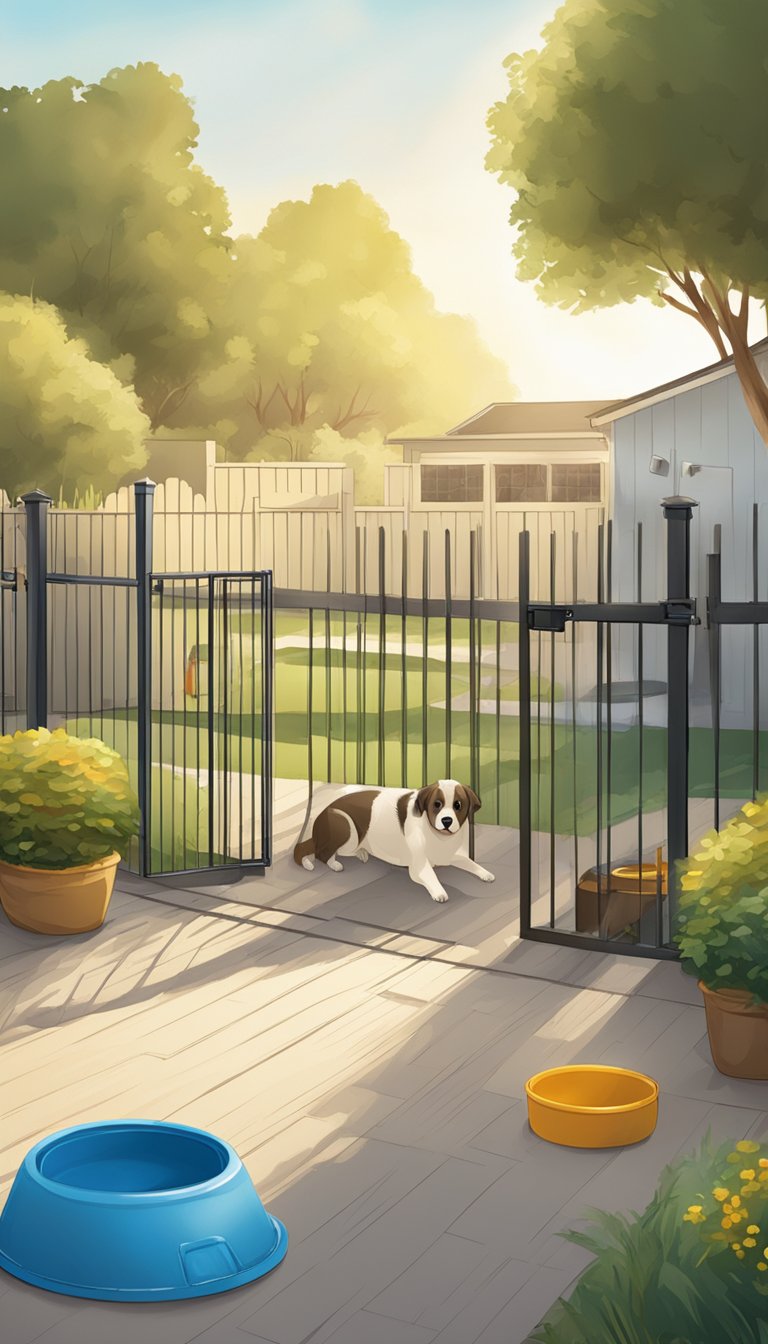 A sunny backyard with a shaded area. A large, shallow pool for dogs with non-slip flooring. Water bowls and toys scattered around. A fence or barrier to prevent access to dangerous areas