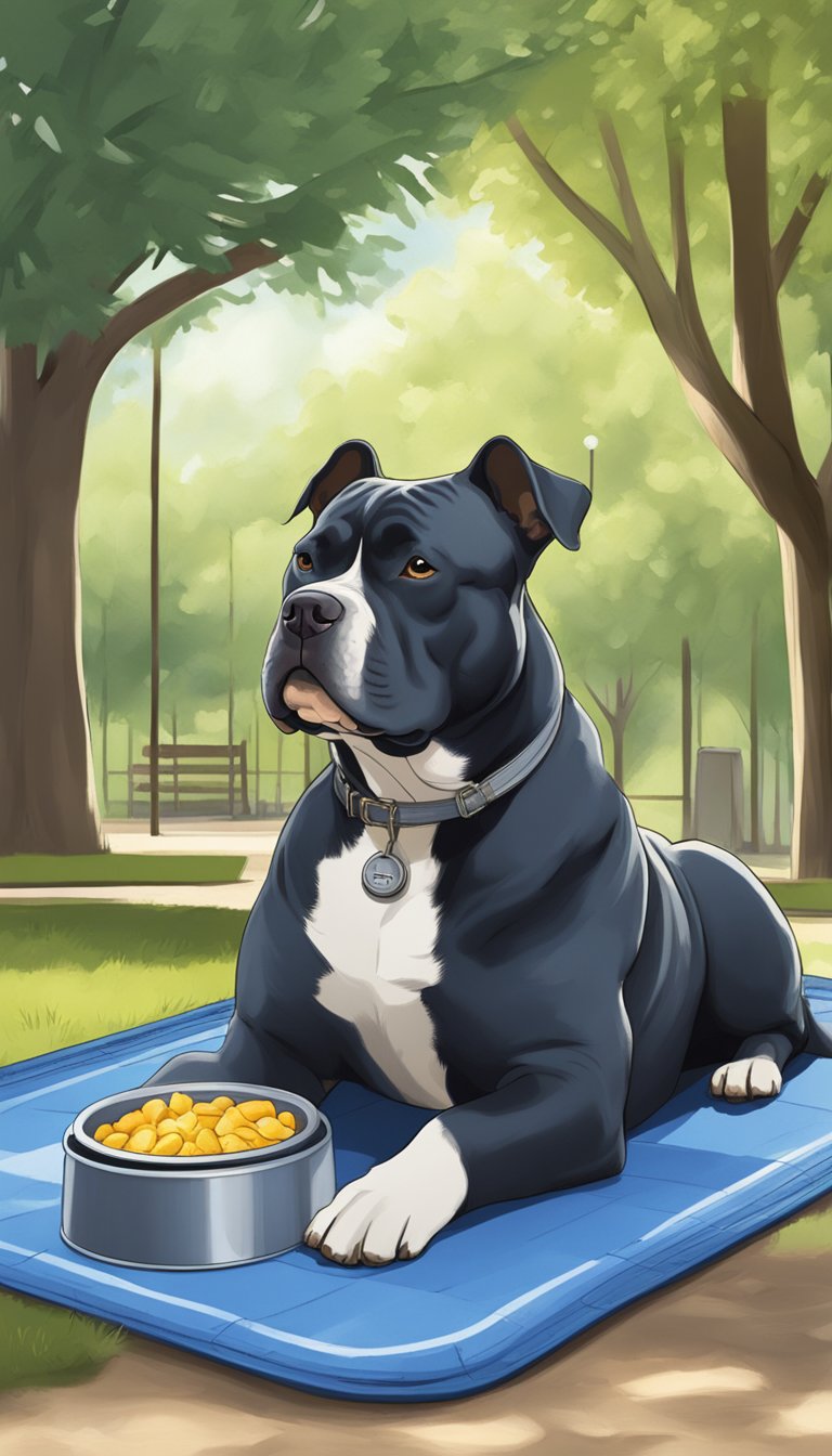American Bully laying in shade with a cooling mat, water bowl, and fan nearby. Trees provide additional shade. No sign of overheating