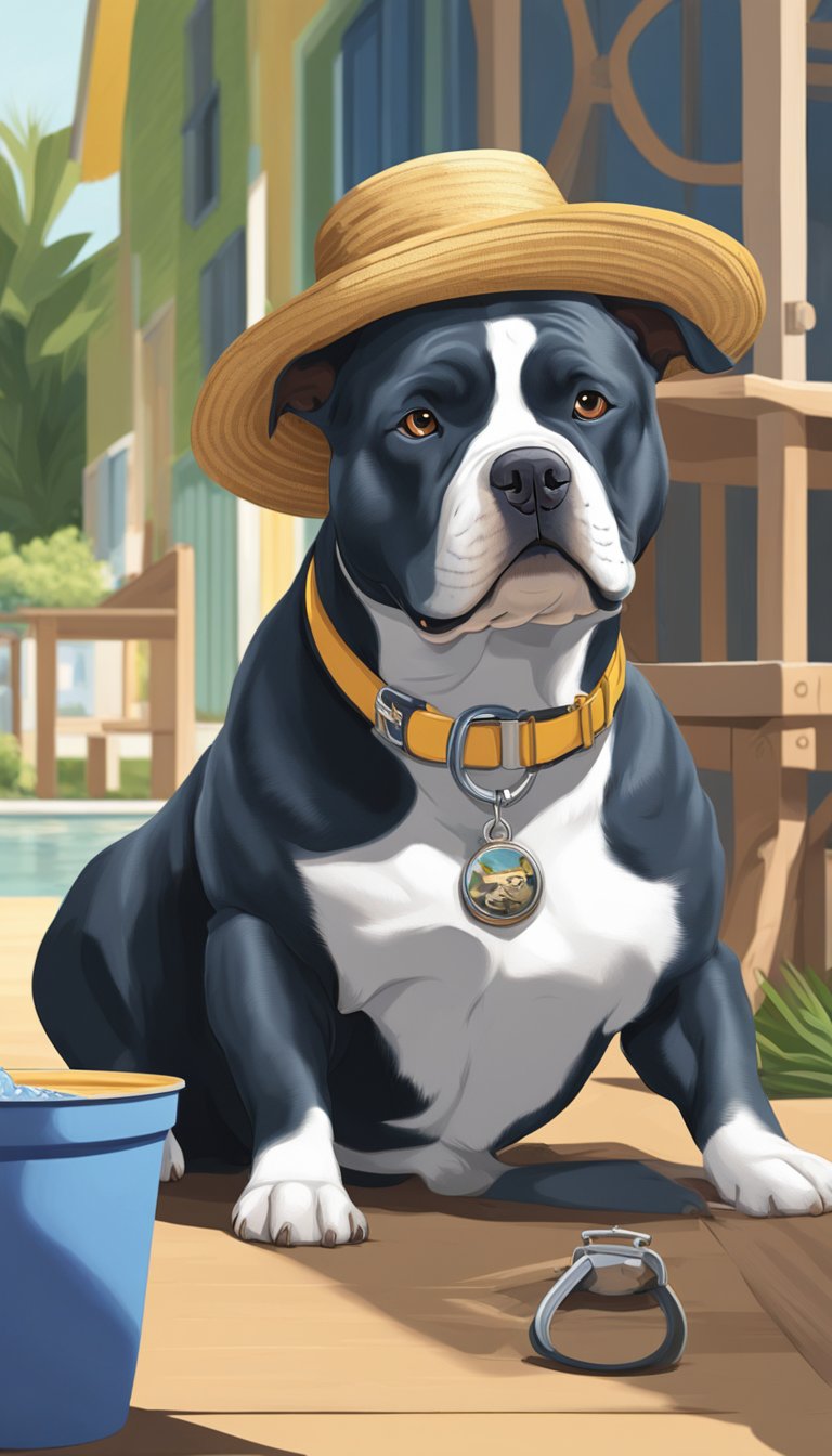 An American Bully lounges in the shade with a water bowl nearby. A leash and collar lay on the ground. Sunscreen and a hat sit on a nearby table