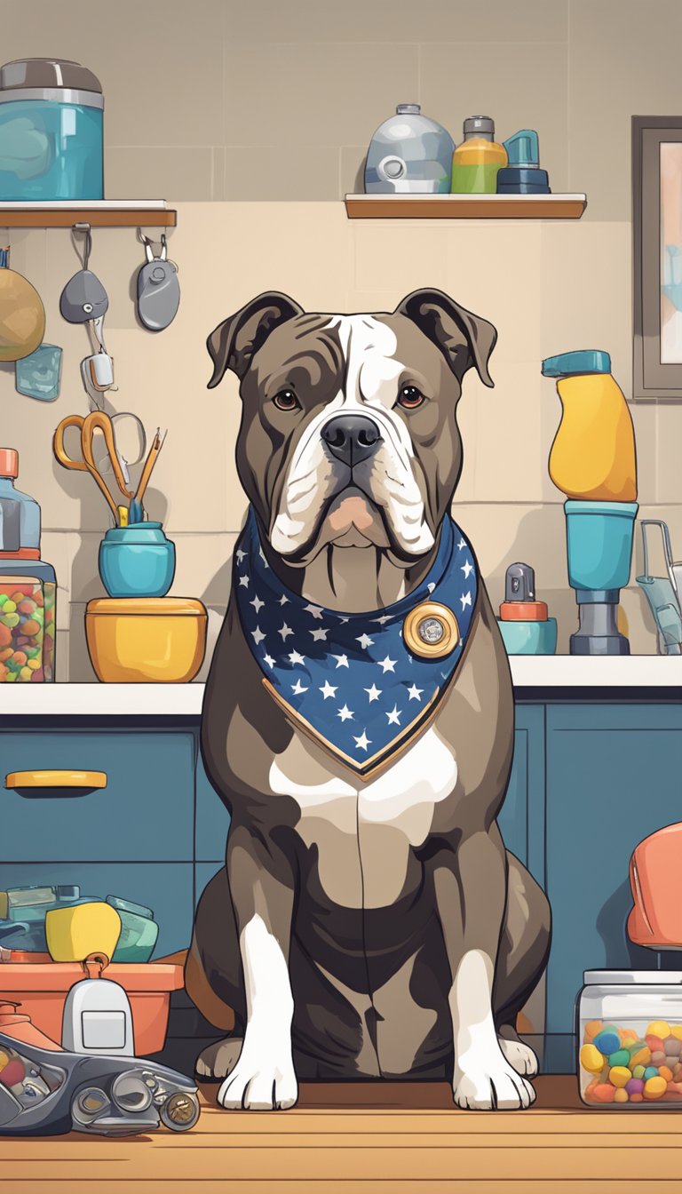 An American Bully stands confidently next to a bowl of balanced diet, surrounded by toys and grooming tools. A first-time owner looks on attentively, following 11 care tips
