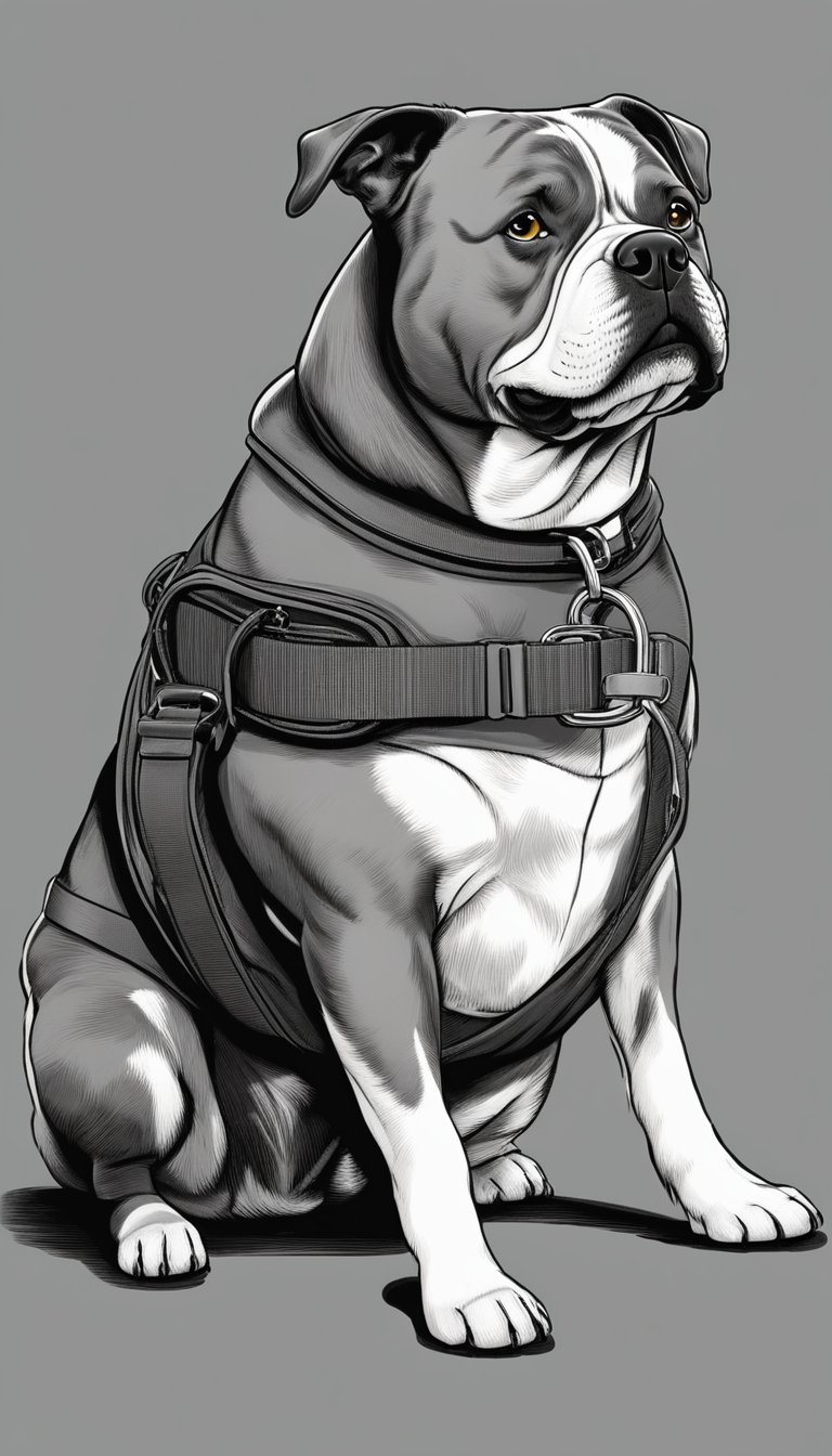 An American Bully sits attentively as its owner demonstrates basic commands. A leash and treats are nearby, emphasizing positive reinforcement
