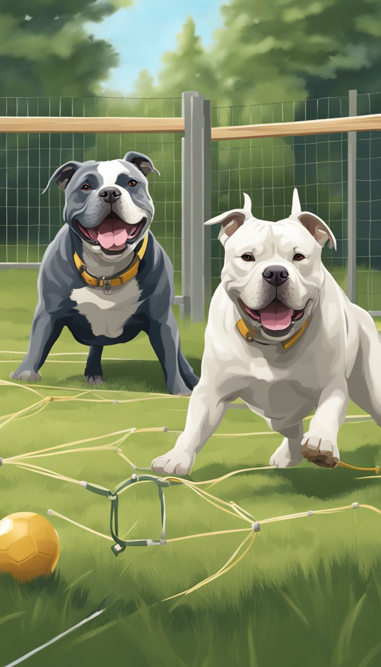 Two American Bully dogs playing in a fenced yard, supervised by their owner. Toys and obstacles for socialization and exercise