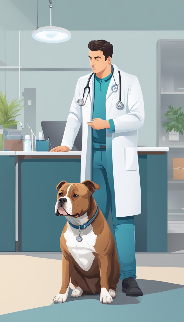 An American Bully sits calmly at the vet's office, surrounded by a clean and well-organized space. A friendly veterinarian examines the dog, checking its health and discussing care tips with the attentive owner