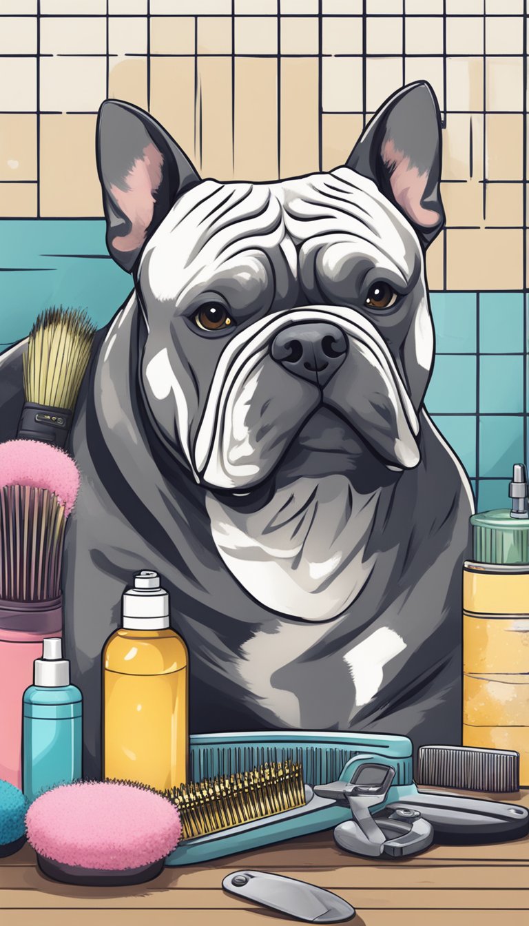 An American Bully being groomed with a brush and comb, surrounded by grooming supplies like shampoo, nail clippers, and a towel