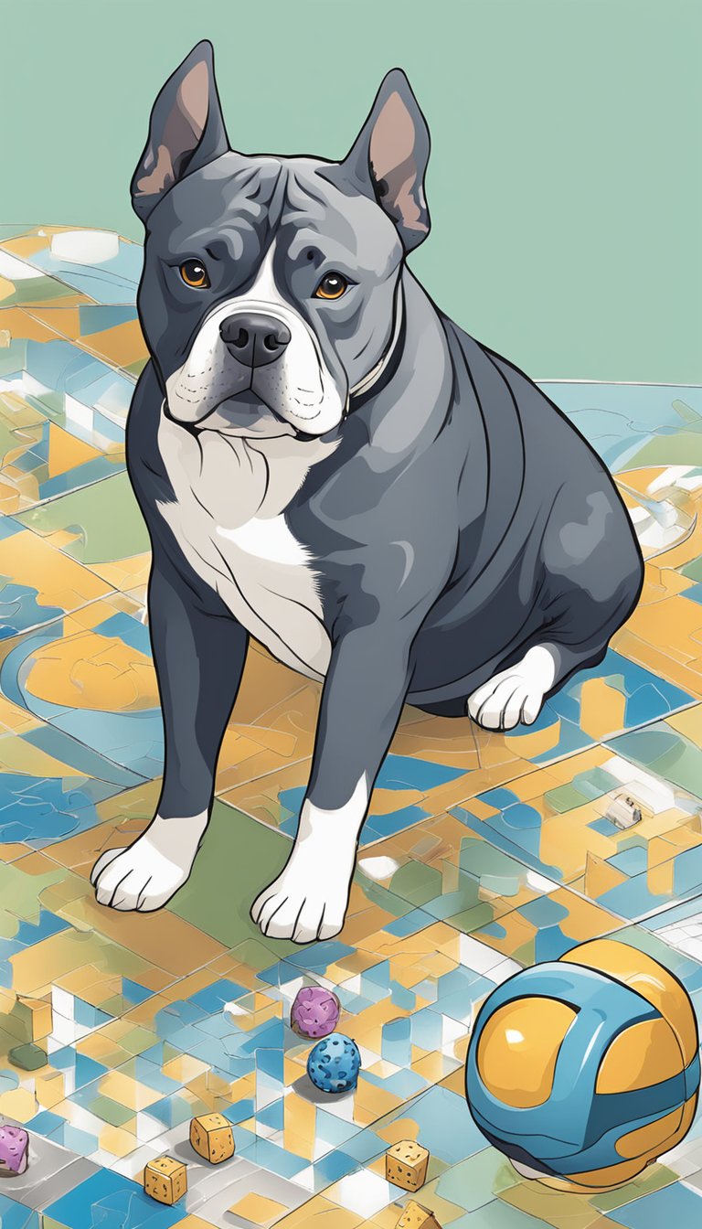 A playful American Bully explores a variety of mental stimulation activities, including puzzle toys, interactive games, and obedience training