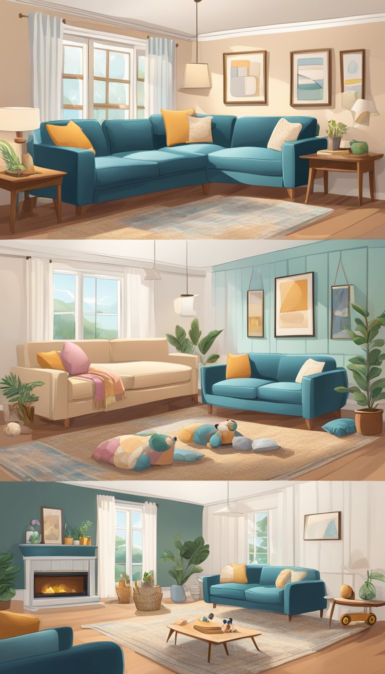 A cozy living room with a large, plush sofa and soft throw pillows. A warm, inviting atmosphere with plenty of natural light and a few toys scattered around for a pet to play with