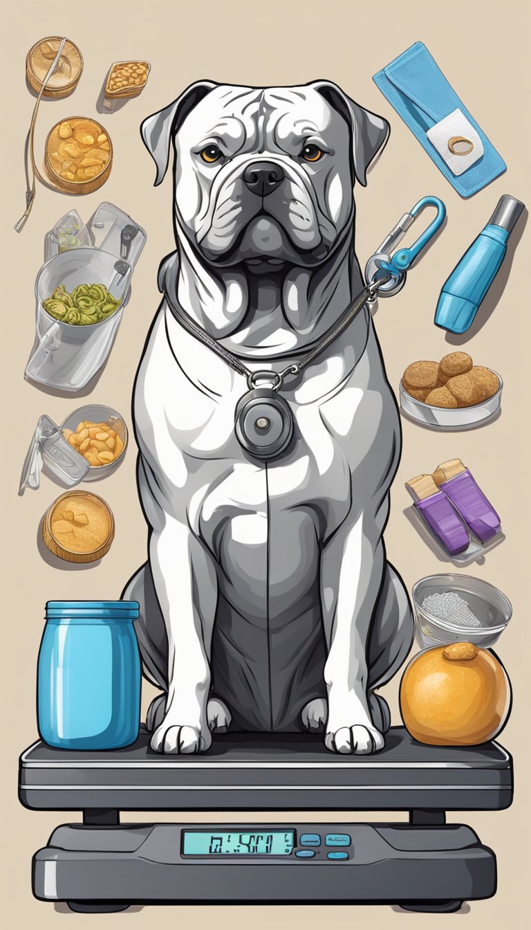 A scale with an American Bully standing on it, surrounded by care items like food, a leash, and grooming tools