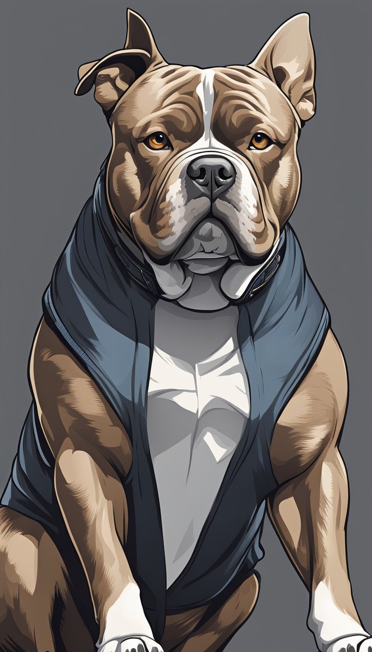 An American Bully stands confidently, with a muscular build and a wide, powerful stance. Its coat is glossy and well-groomed, exuding strength and vitality. The dog exudes a sense of intelligence and loyalty, capturing the essence of the
