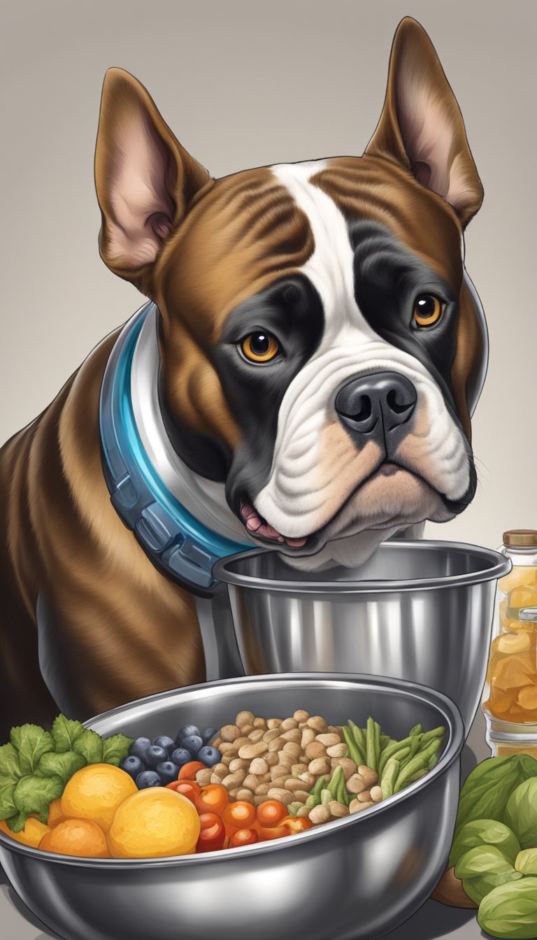 An American Bully eagerly eats from a stainless steel bowl, surrounded by nutritious food and water. A caring owner watches nearby, ensuring the dog's health and well-being