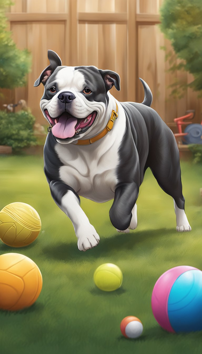 An American Bully dog playing with a ball in a spacious backyard, surrounded by exercise equipment and toys