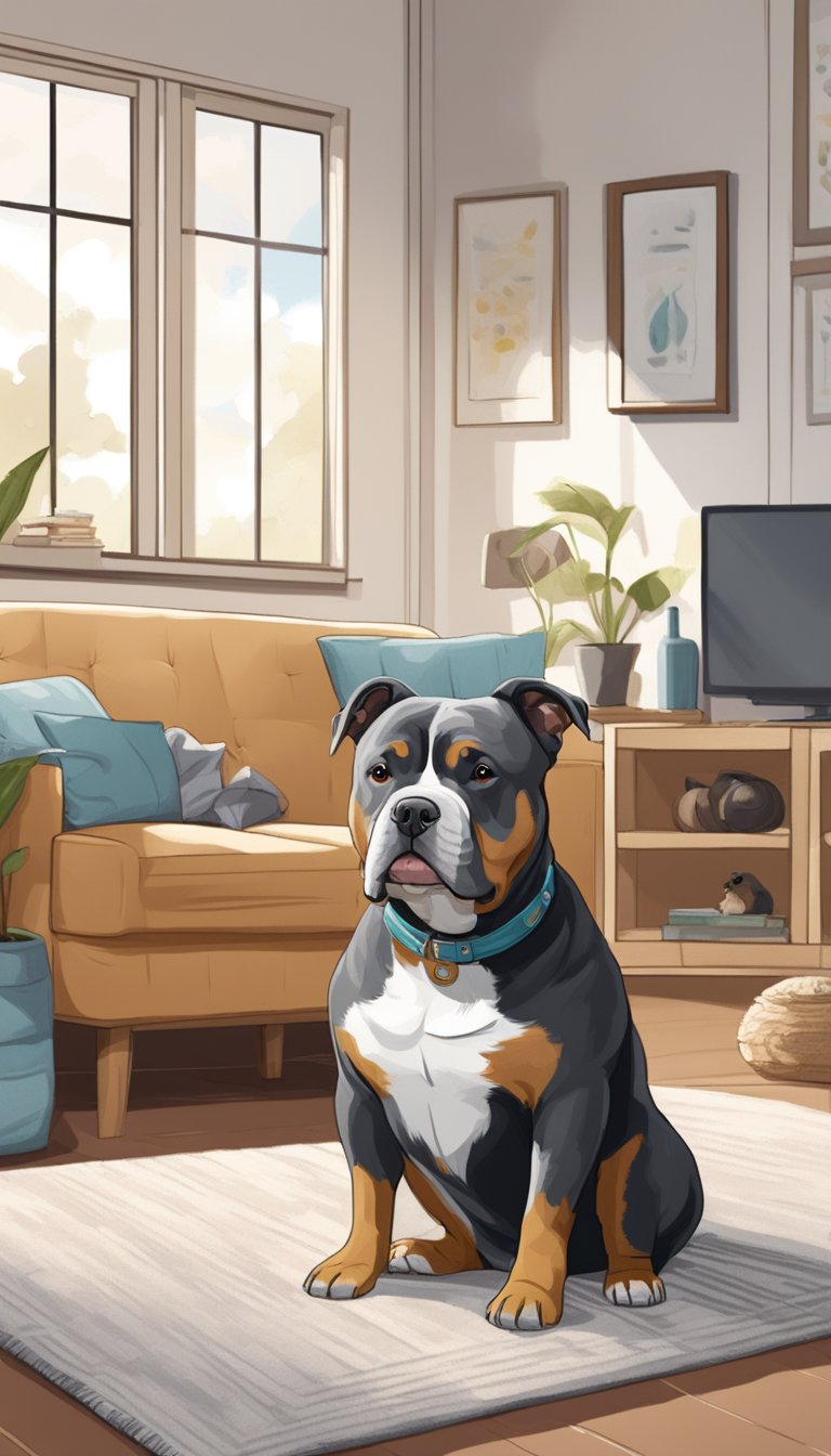 An American Bully sits in a spacious, clean living room. Toys, food, water, and a cozy bed are all set up in preparation for its arrival