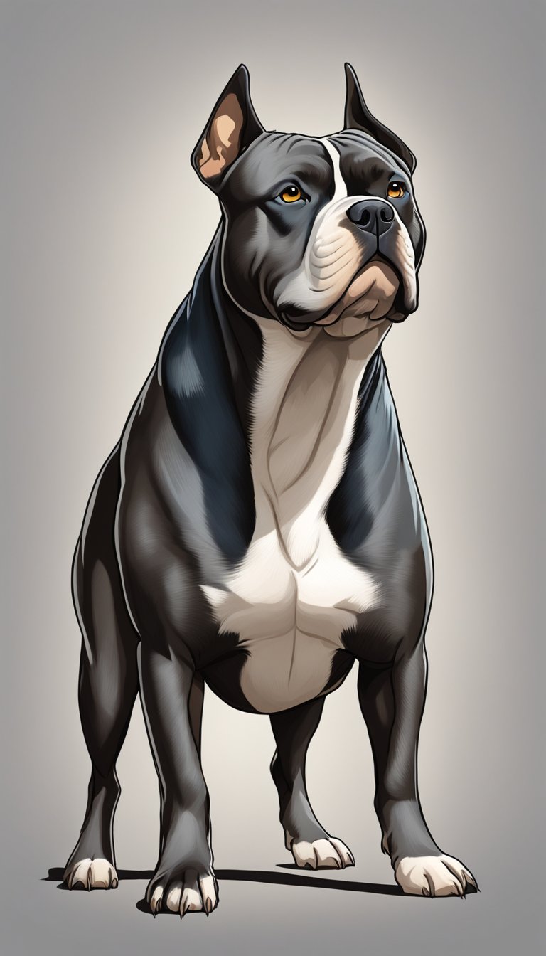 An American Bully stands confidently, showcasing its muscular build and strong stance. Its short coat glistens in the sunlight, while its alert eyes exude intelligence and loyalty